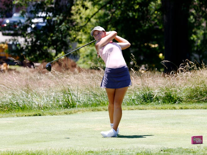 Mia Hammond, of New Albany and formerly of Crooksville, tees off on the par-5 13th hole on Tuesday during a Southern Ohio PGA Junior event Zanesville Country Club. Hammond, one of the top junior players in the country, shot a two-day total of 7-under-par 137 to win by 21 strokes. 