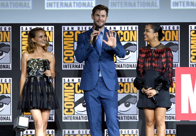 Stars of the "Thor" franchise – Natalie Portman, Chris Hemsworth and Tessa Thompson – appear at San Diego's Comic-Con in 2019.