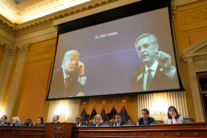 The committee to investigate the Jan. 6, 2021, attack on the U.S. Capitol listen to an audio recording of a call between former President Donald Trump and Brad Raffensperger during a June 2022 hearing.