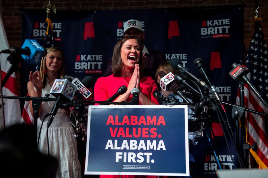 May 24, 2022; Montgomery, AL, USA; U.S. Senate candidate Katie Britt delivers her primary race victory speech during an election night party in Montgomery, Alabama, on Tuesday, May 24, 2022.