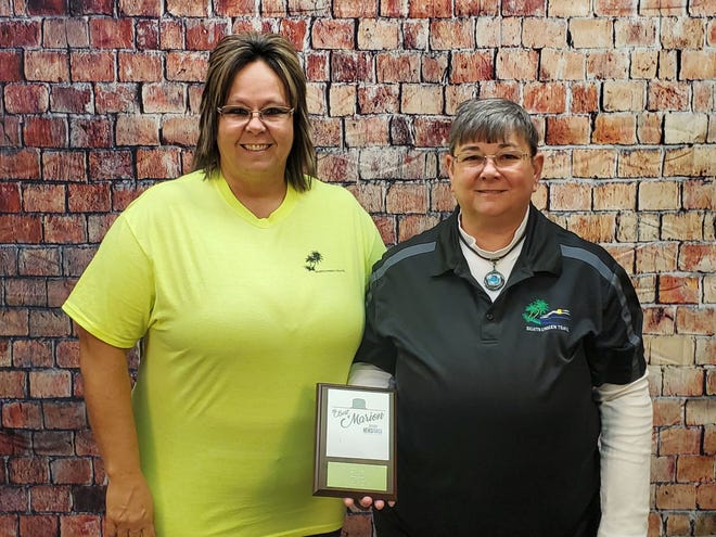 Sherry Nelson (left) and Jill Chitwood display their award for Best in Marion for Travel Agency in 2022 from NewsForce24 / 7.  They pride themselves on providing superb customer service.