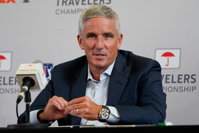 PGA Tour Commissioner Jay Monahan speaks during a news conference Wednesday before the start of the 2022 Travelers Championship at TPC River Highlands.