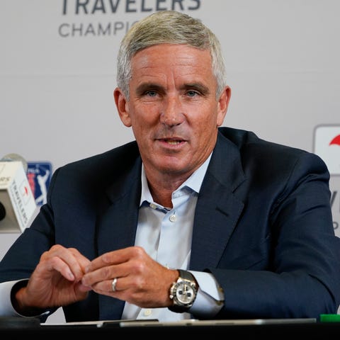 PGA Tour Commissioner Jay Monahan speaks during a 