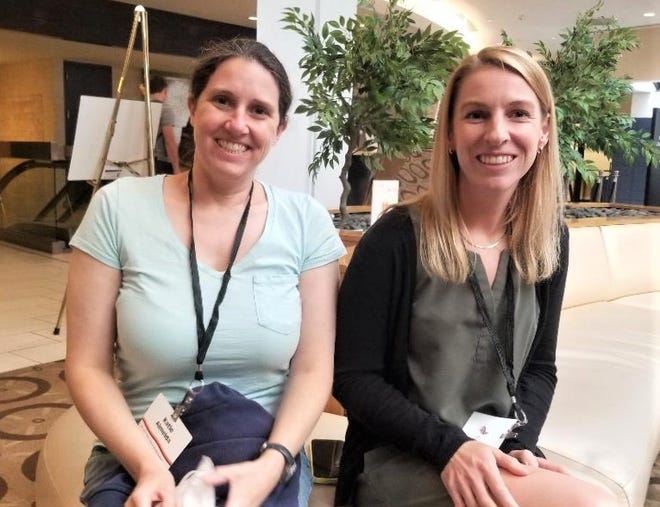 Katie Almeida of Town Dock in South Kingstown and Katie Masury of the nonprofit Eating with the Ecosystem in Warren take a  break at last week’s climate scenario planning workshop in Virginia.