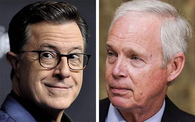 Late show host Stephen Colbert, left, and U.S. Sen. Ron Johnson, right
