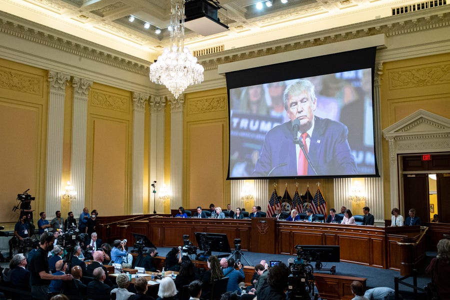 An image of former President Donald Trump is displayed as the House select committee investigating the Jan. 6 attack on the U.S. Capitol continues to reveal its findings of a year-long investigation, at the Capitol in Washington, Tuesday, June 21, 2022.