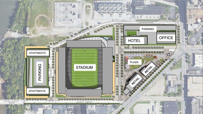 Eleven Park development will include hotel, office, apartments, retail and public spaces anchored by a 20,000-seat multipurpose soccer stadium the company announced Friday, June 24, 2022. Eleven Park will be constructed on land downtown previously owned by The Diamond Chain Company.