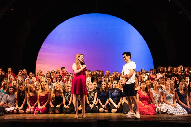 Emily Weller of Young Actors Studio sings with Zachary Noah Piser (Evan in Dear Evan Hansen) at the Arts for Autism, an annual Broadway benefit held at the Gershwin Theater in New York on June 20, 2022.