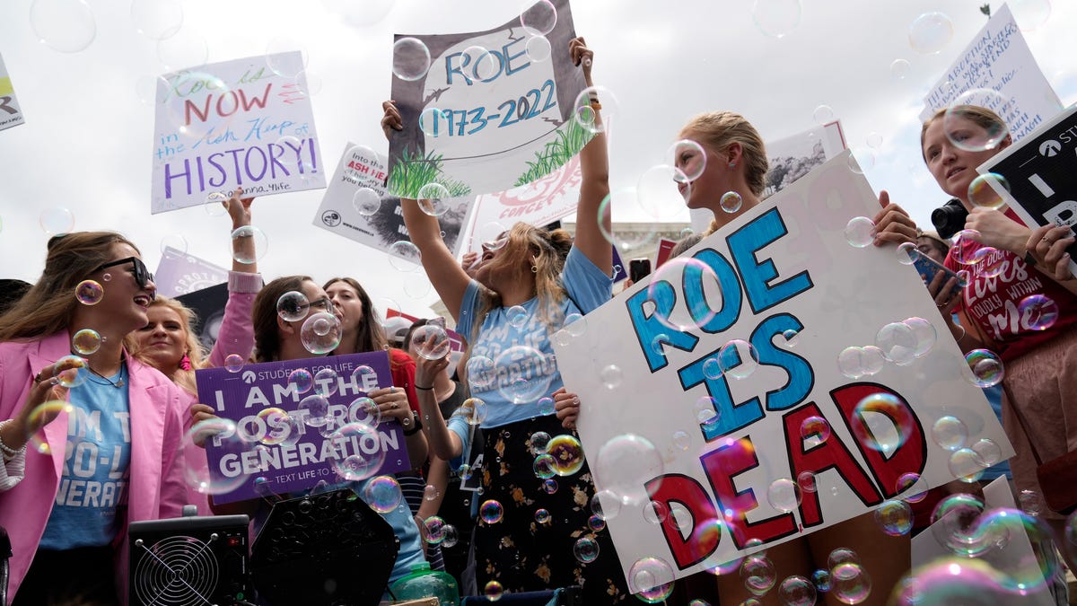 Anti-abortion demonstrators react outside the Supreme Court in Washington, Friday, June 24, 2022 after the decision in Dobbs v. Jackson Women's Health Organization overturned the landmark 1973 Roe v. Wade decision that established a constitutional right to abortions.
