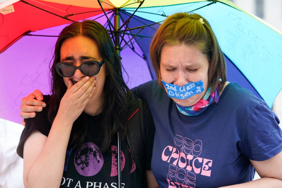 An abortion-rights activists react after hearing the Supreme Court decision on abortion outside the Supreme Court in Washington, Friday, June 24, 2022.