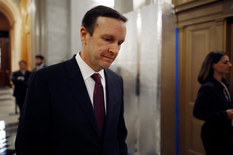 WASHINGTON, DC - JUNE 23: Sen. Chris Murphy (D-CT) leaves the Senate chamber following passage of the Bipartisan Safer Communities Act on June 23, 2022 in Washington, DC. Murphy was the lead Democratic negotiator on the bipartisan gun safety legislation, which passed the Senate on a vote of 65 to 33.