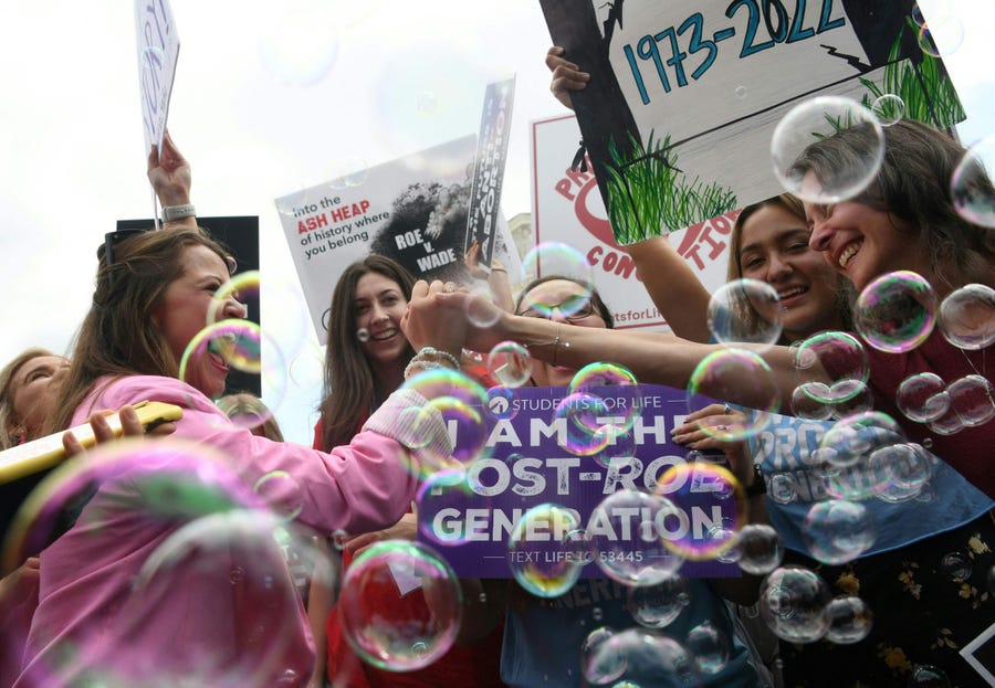 Anti-abortion campaigners celebrate outside the US Supreme Court in Washington, DC, on June 24, 2022.