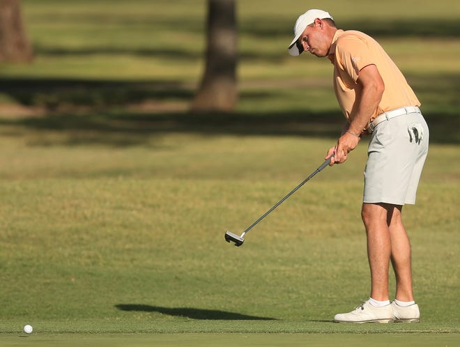 Luke Healy tries to sink a long putt on the 16th hole during Round 2 of the San Angelo Country Club Men's Partnership golf tournament on Friday, June 24, 2022. Heading into Sunday's final round, Healy and Mike Hillis are tied for second.