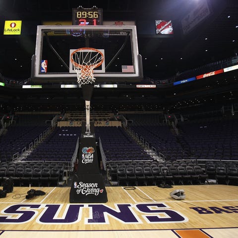 The Phoenix Suns logo is seen on the court before 