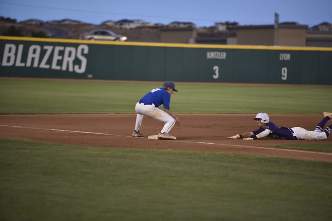Cayson Bell tags out an Upper Valley runner attempting to stretch a double into a triple.