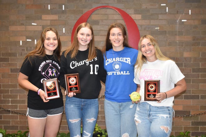 Orion softball special award winners on Thursday, May 26, are, from left, Grace Passno, Most Valuable Player; Lainey Kunert, Batting Title (.425); Ella Sundberg, Sportsmanship; and Ava Terry, Golden Glove and Team Ball.