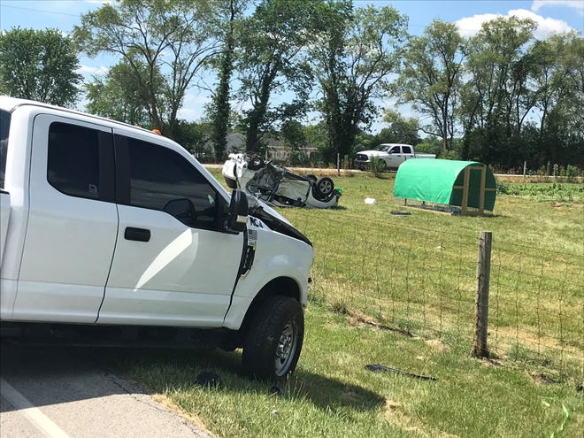 The driver of the inverted SUV died Monday morning, June 27, 2022, in a crash with the pickup truck in the foreground. The vehicles collided at Tippecanoe County Road 900 East and Wyandotte Road.