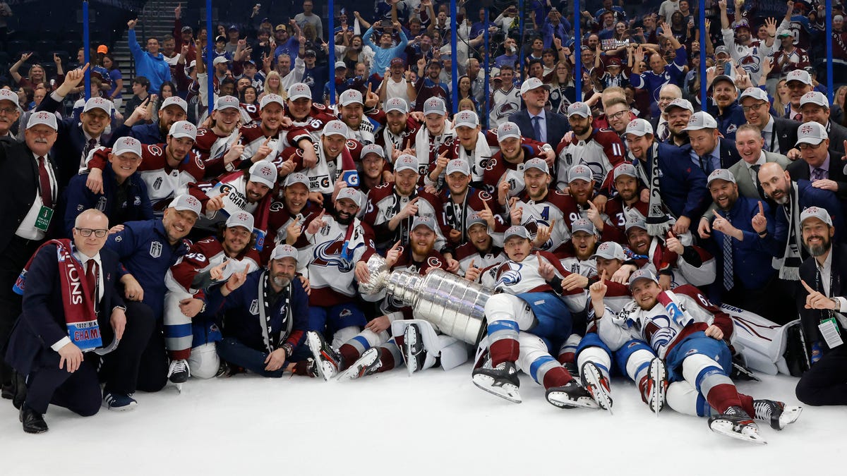 The Avalanche celebrate with the Stanley Cup.