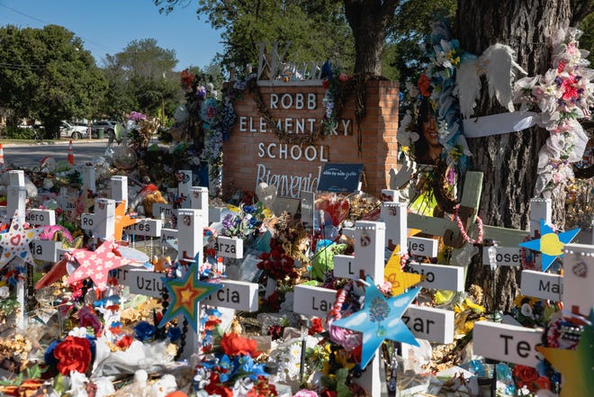 The memorial for the victims of the massacre at Robb Elementary School in Uvalde, Texas. On May 24, 2022, a gunman killed 19 children and two teachers, wounding more than a dozen.