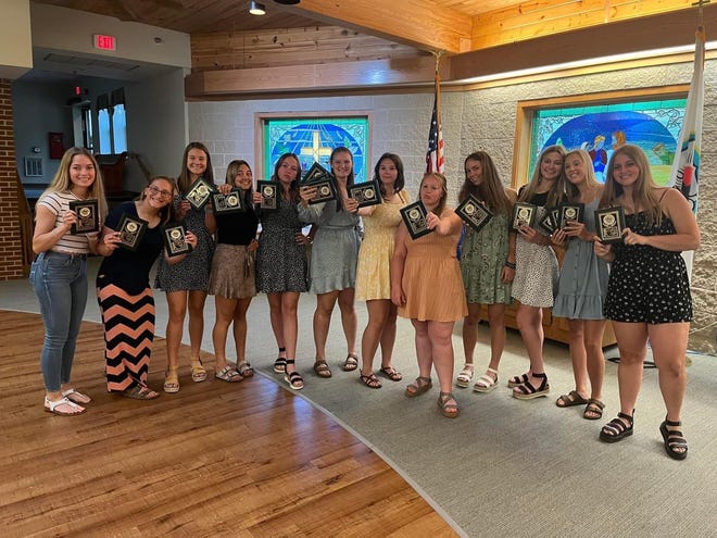 The Geneseo High School Lady Leafs Softball Team held their end-of-season event with awards presented to, from left, Georgia McKelvain, Team Spirit Award; Katelyn Emerick, Hustle Award and Will to Win Award; Taylor Krueger, Hustle Award; Sienna Frank, Most Improved Player; Madison Scott, Team Spirit Award; Maya Bieneman, Determination Award, Team Captain and Most Valuable Team Player; Morgan Snell, Team Spirit Award; Chloe Reed, Captain, Team Spirit Award; Tara Bomleny, “Rock” Award (Foundation to Build On); Payton Stohl, “Rock” Award (Foundation to Build On); Jaelyn Lambin, Most Valuable Offensive Player, “Rock” Award (Foundation to Build On) and Most Valuable Player; and Taylor Zvonik, Team Spirit Award. It was recently learned that Jaelyn Lambin was named to the 2022 Illinois Coaches Association Class 3A Second Team All-State. The GHS team finished their season with an overall record of 18-19.