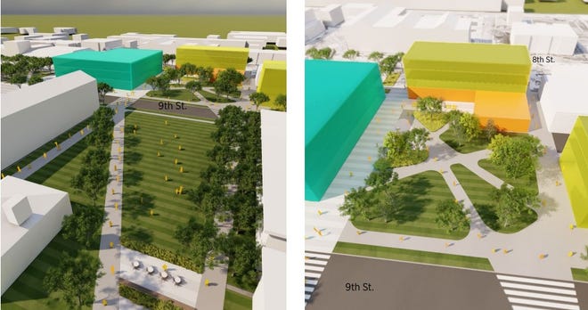 A screenshot from a presentation by Hope College to the Holland Planning Commission June 14, 2022, showing green spaces as part of a potential expansion of Hope's campus.