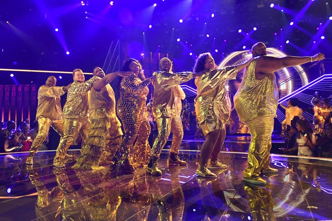 Potterville resident and dancer Collin Smith (second from the left) performs on stage with Lizzo during the 2022 BET Awards at Microsoft Theater on June 26, 2022 in Los Angeles, California.