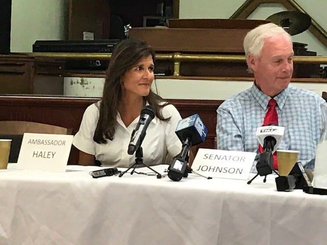 Former South Carolina Gov. Nikki Haley is with Wisconsin U.S. Sen. Ron Johnson in Milwaukee on Tuesday at an event touting a faith-based inner-city jobs program Johnson has championed called the Joseph Project. The event was at Greater Praise Church of God In Christ, where the Joseph Project was started.