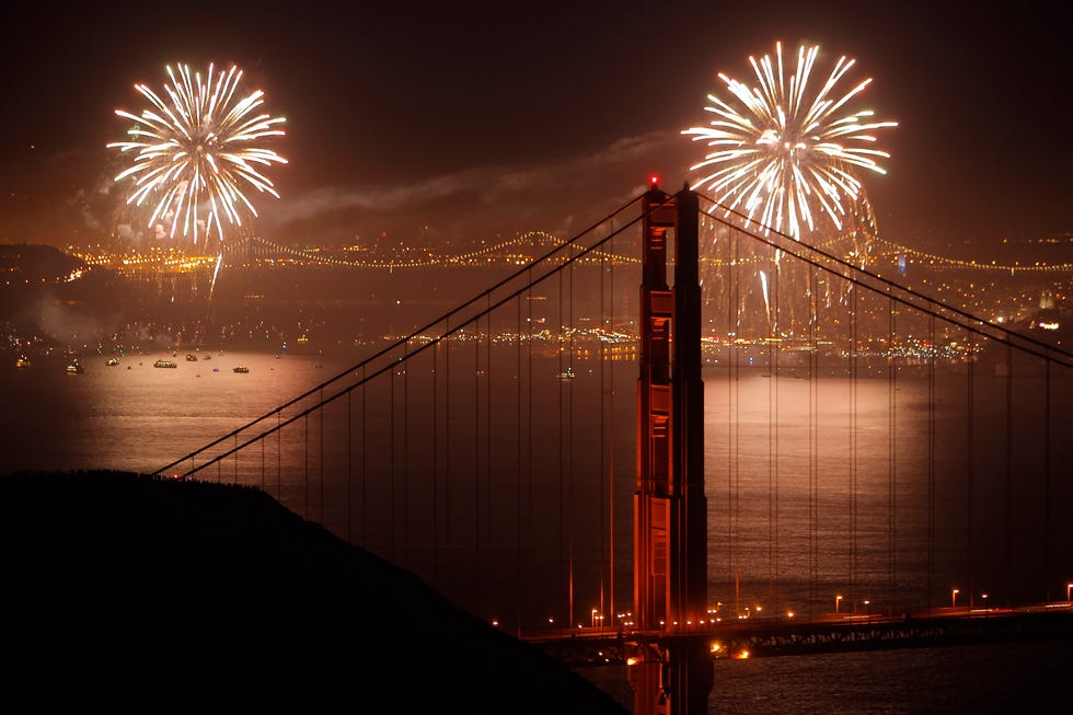 The July 4th fireworks display in San Francisco is viewable from the Golden Gate Bridge in San Francisco, California, on Thursday, July 4, 2013.
