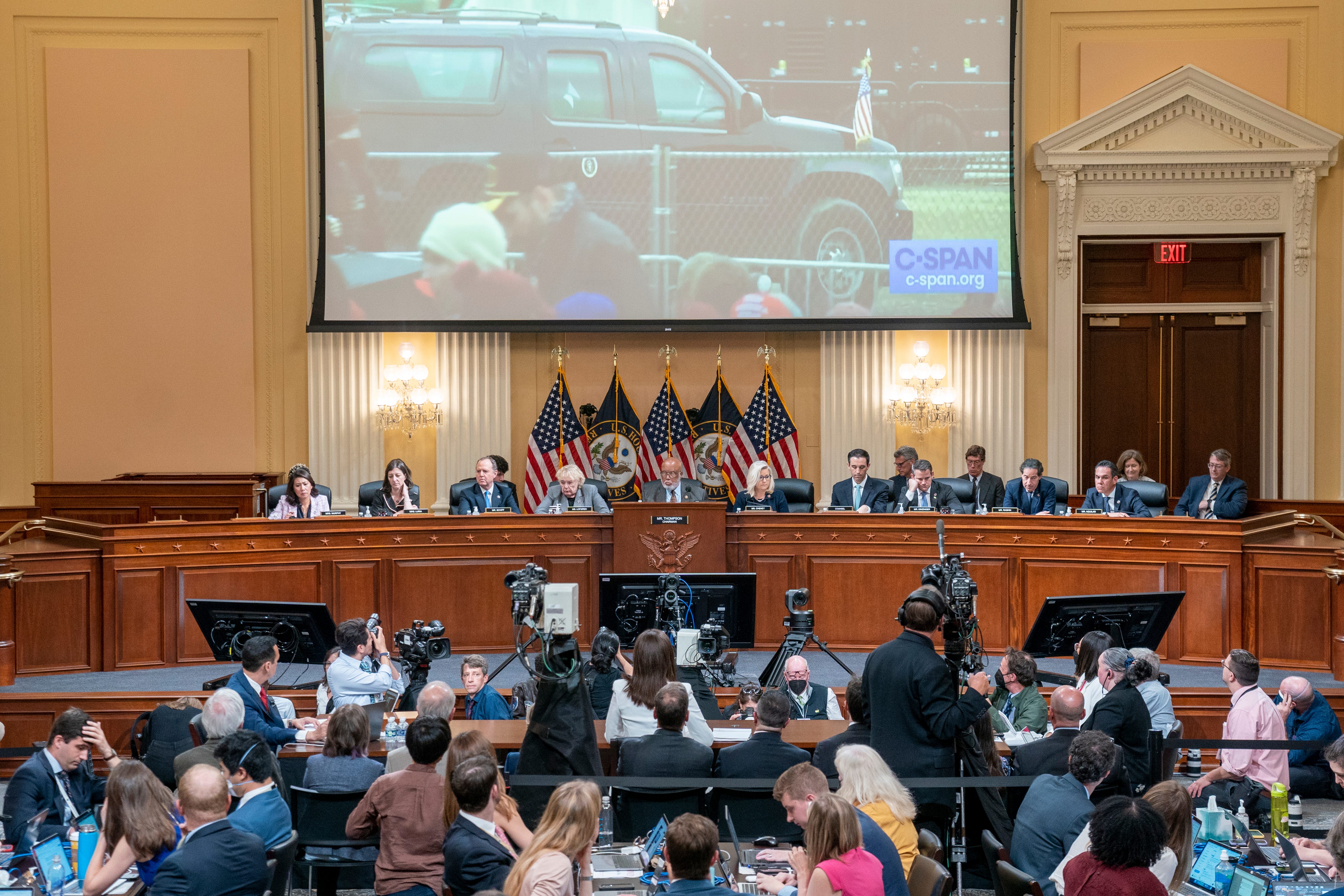 A video of President Trump’s motorcade leaving the January 6th rally on the Ellipse is displayed as Cassidy Hutchinson, former Special Assistant to President Trump, testifies during the sixth public hearing by the House Select Committee to Investigate the January 6th Attack on the U.S. Capitol, on Capitol Hill in Washington, DC, June 28, 2022.