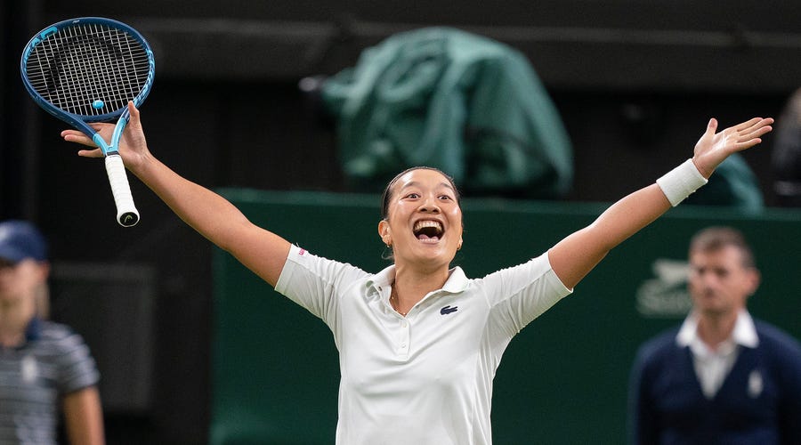 June 28: Harmony Tan celebrates winning her first-round match against Serena Williams.