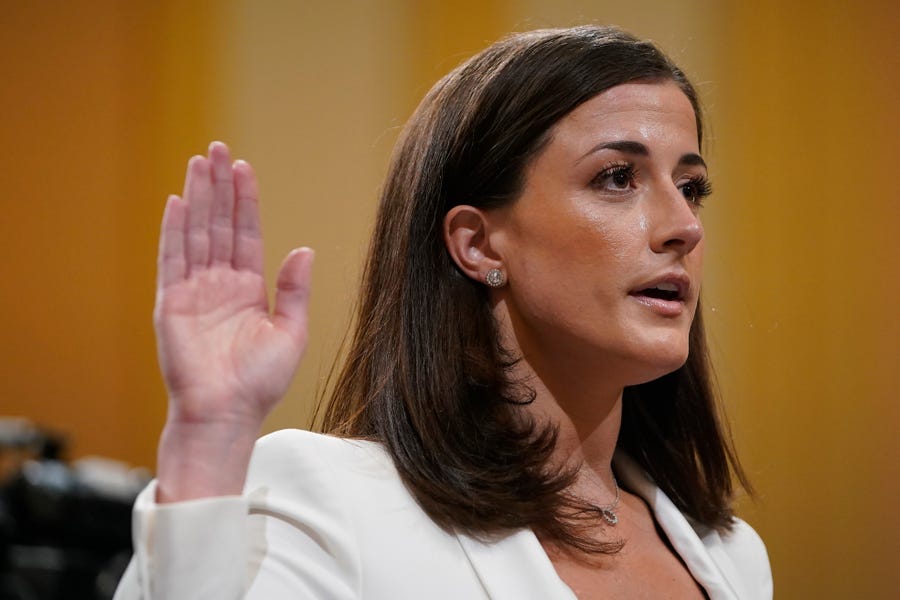 Cassidy Hutchinson, aide to former White House chief of staff Mark Meadows, is sworn in before testifying before the House Select January 6 committee the House select committee investigating the Jan. 6 attack on the U.S. Capitol, Tuesday, June 28, 2022, at the Capitol in Washington.