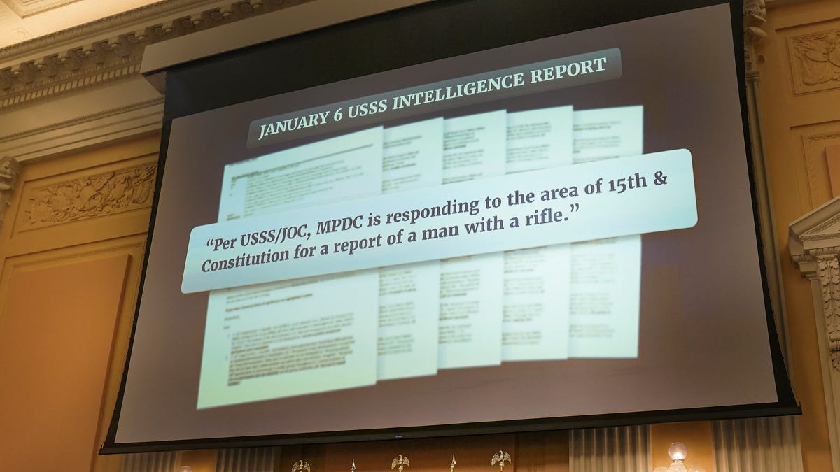An intelligence report about weapons carried by people gathering for former President Donald Trump is projected during a public hearing before the House select committee investigating the Jan. 6 attack on the U.S. Capitol on June 28, 2022