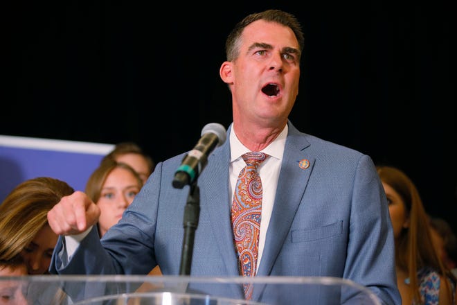 Gov. Kevin Stitt speaks to a crowd after winning the Republican primary for governor during an election watch party inside the First National Center in Oklahoma City, Tuesday, June 28, 2022.