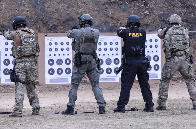 Law enforcement officers train in shooting fundamentals during a SWAT training class at the North Carolina Justice Academy in Salemburg Tuesday, Feb. 8, 2022.