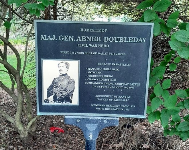 A monument in Mendham to former resident Abner Doubleday, noting he is "recognized as the father of baseball."