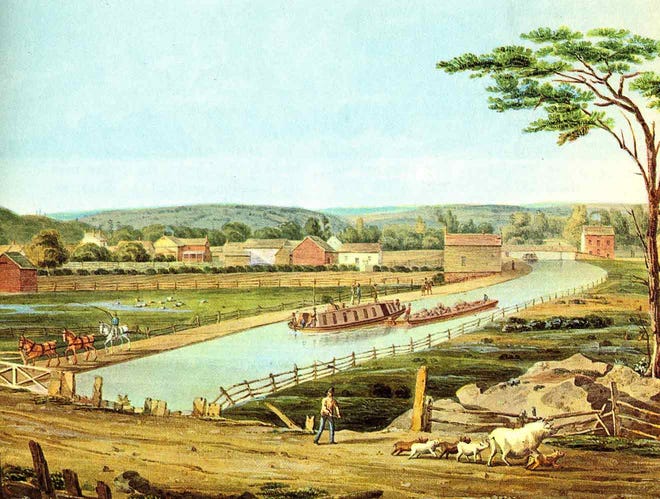 The Erie Canal opened a continent, and while it just missed Canandaigua its proximity enriched the town and the entire region from the Naples to the Genesee Valley and all of the southern Finger Lakes. Boats up and down the lakes were easily linked by plank roads and turnpikes to the "Grand Canal." The agricultural riches of the Finger Lakes found markets in far-flung cities and even over the wide Atlantic. This painting is by John William Hill, circa 1840.