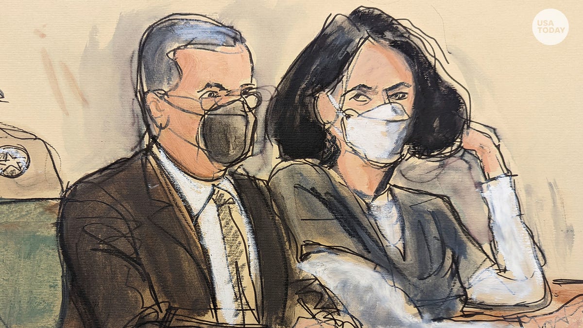 In this courtroom sketch, Ghislaine Maxwell, right, is seated beside her attorney, Christian Everdell, as they watch the prosecutor speak during her sentencing, Tuesday, June 28, 2022.