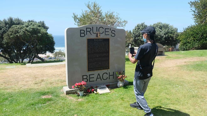 A monument on Bruce's Beach in Manhattan Beach, California, is pictured on April 8, 2021.