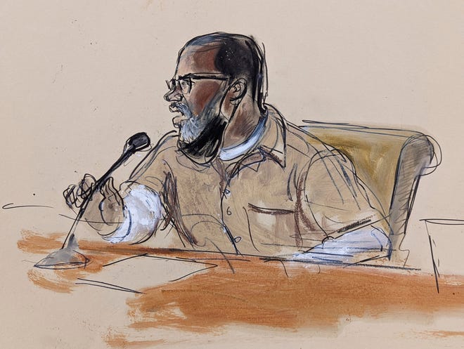 In this courtroom sketch, R. Kelly briefly addresses the court on June 29, 2022, when he was sentenced to 30 years in prison.