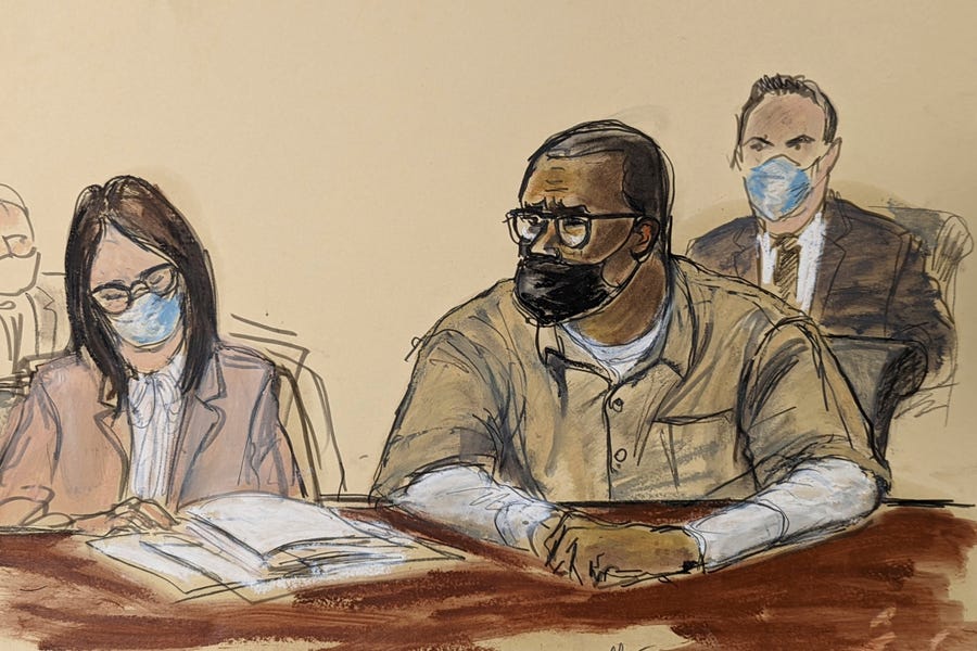 In this courtroom sketch, R. Kelly and his attorney Jennifer Bonjean, left, appear during his sentencing hearing in federal court, Wednesday, June 29, 2022, in New York. The former R&B superstar was convicted of racketeering and other crimes. (AP Photo/Elizabeth Williams) ORG XMIT: NYRD301
