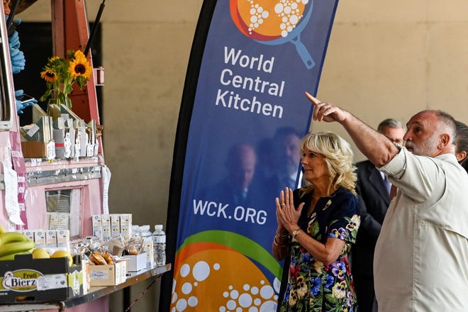 First Lady Jill Biden and Spanish chef Jose Andres greet volunteers from the World Central Kitchen association, during a visit to a reception center for Ukrainian refugees in Pozuelo de Alarcon, near Madrid, on the sidelines of a NATO summit on June 28, 2022.