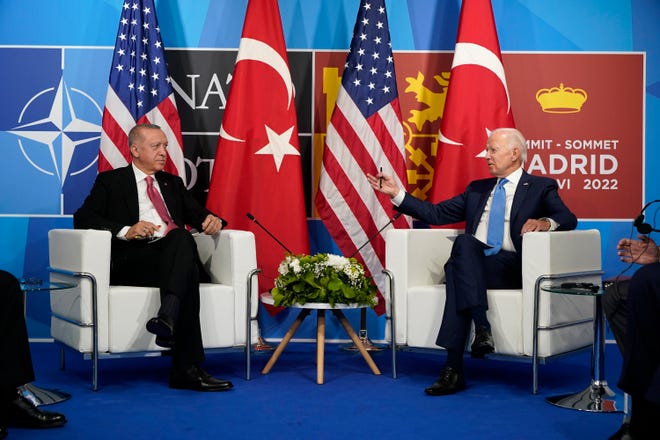 President Joe Biden meets with Turkey's President Recep Tayyip Erdogan during the NATO summit in Madrid, Wednesday, June 29, 2022.