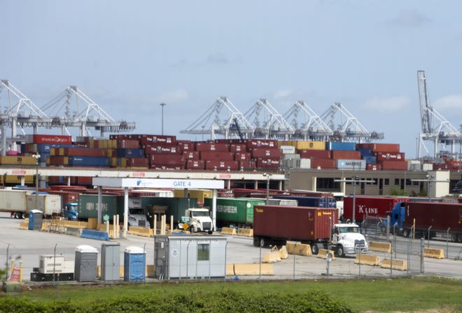 The loaded truck leaves the Georgia Ports Authority Garden City Terminal.