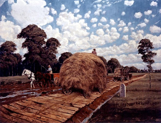 Early road improvements included corduroy which consisted of laying down logs perpendicular to the direction of travel or constructing plank roads like this one seen in a painting by Carl Rakeman. Such a plank road ran between the towns of Canandaigua and Palmyra and gave Canandaigua access to the Erie Canal, thus opening far flung markets for the provender of these hills.
