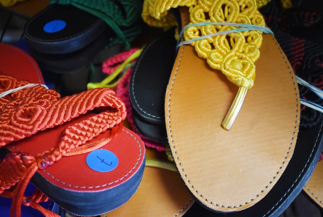 Haitian-made macrame sandals at Clamarney boutique in Fall River.
