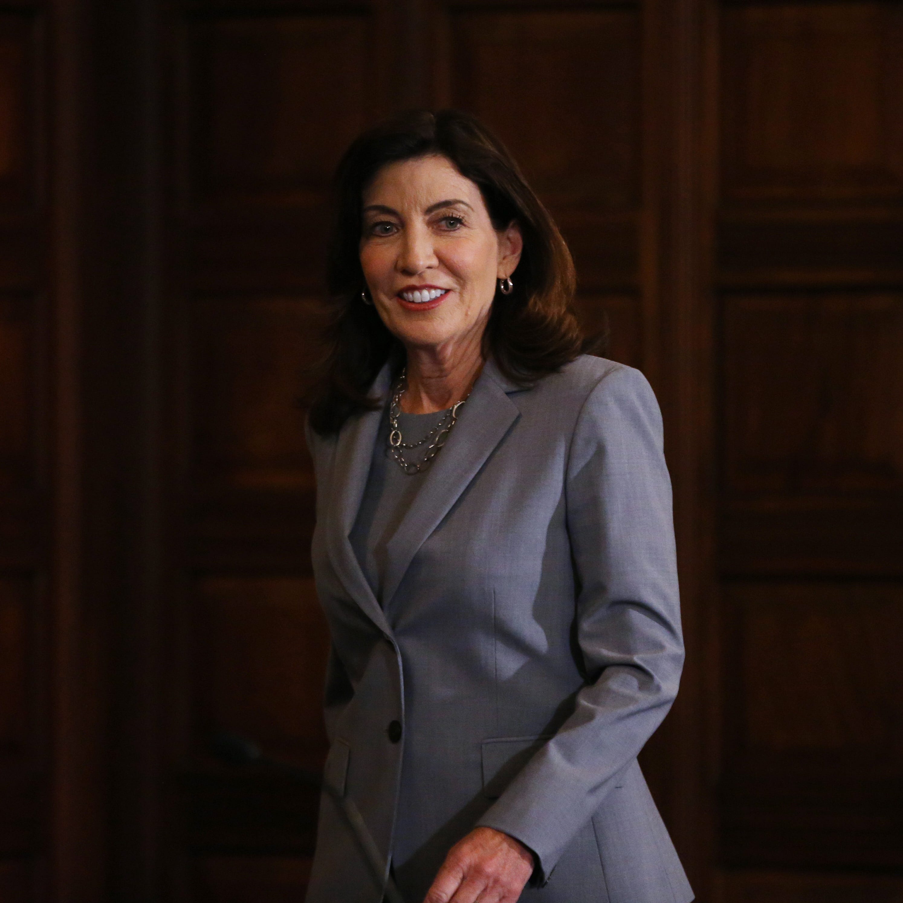 New York State Governor Kathy Hochul enters the Red Room for a press conference about the Concealed Cary Improvement Act in Albany on July 1, 2022. 