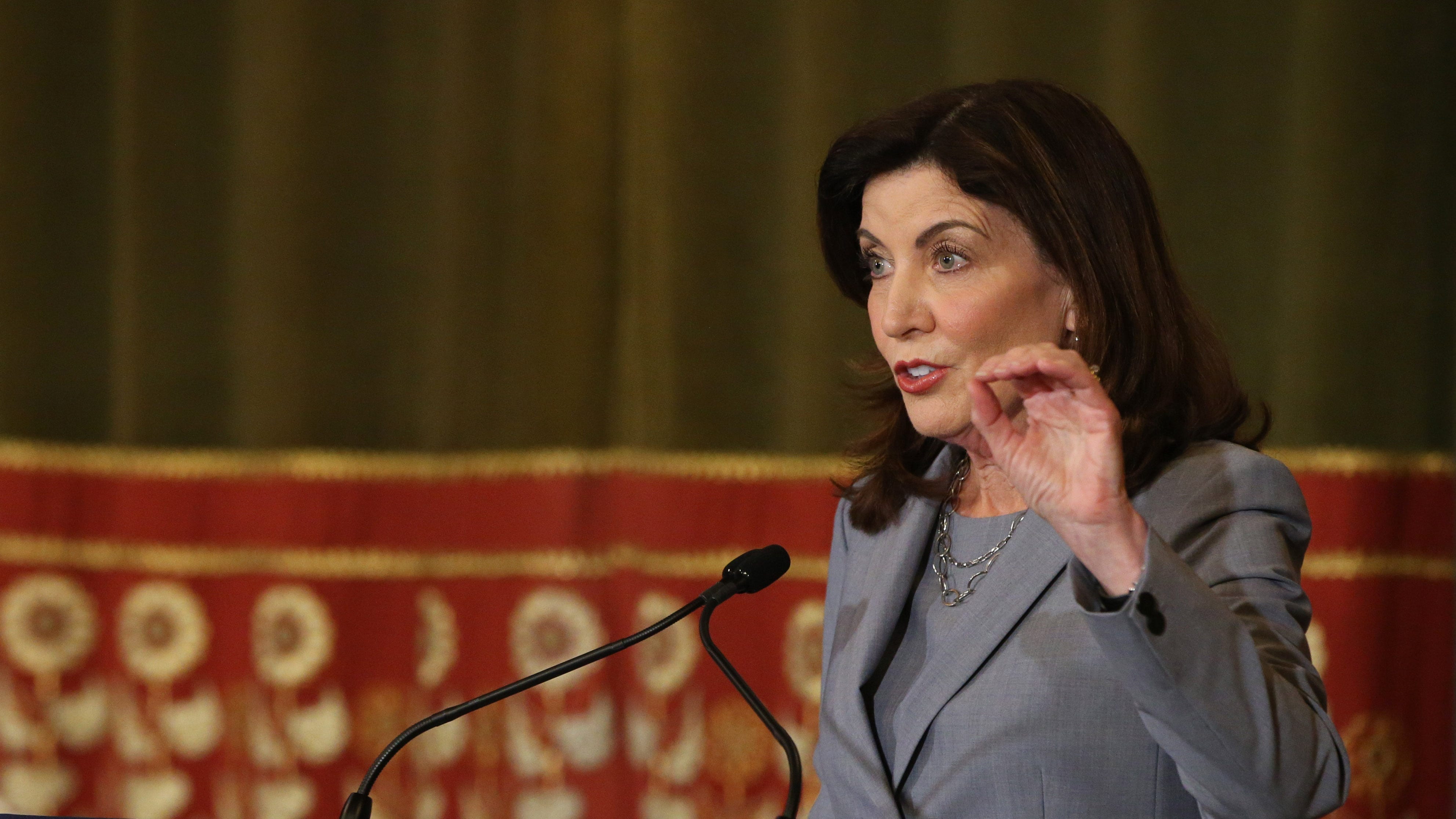 New York State Governor Kathy Hochul holds a press conference about the Concealed Cary Improvement Act in Albany on July 1, 2022. 