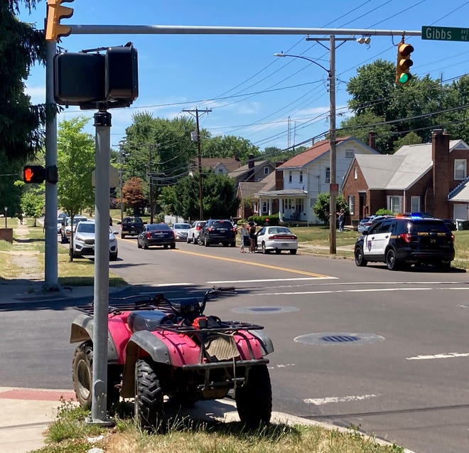 A male driving a four-wheeler struck a pole holding a crosswalk sign Saturday, July 2, 2022, at 19th Street NE and Gibbs Avenue NE.