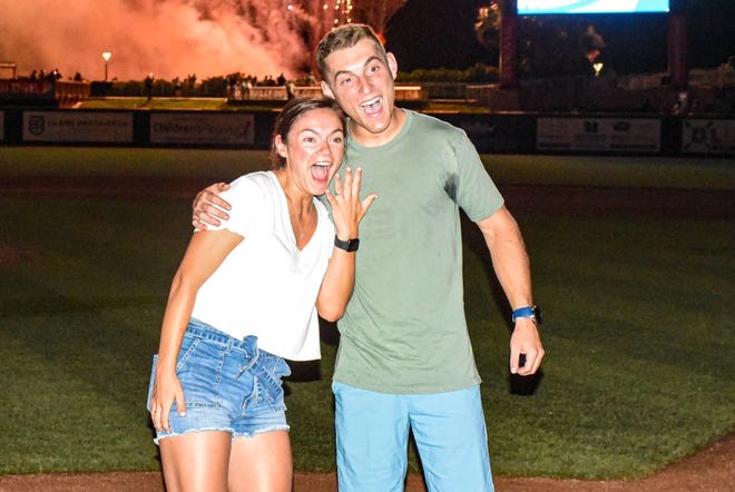Patrick Morris traveled from Maine to propose to his girlfriend, Katie, who is stationed in Pensacola as a member of the U.S. Coast Guard. The proposal happened July 1 at home plate area at Blue Wahoos Stadium, right before the Blue Wahoos fireworks show launched.