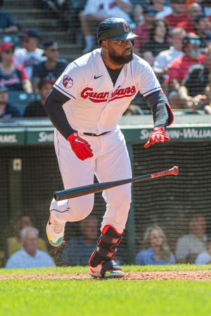 Cleveland Guardians' Franmil Reyes watches his RBI-single off New York Yankees relief pitcher Albert Abreu during the eighth inning of a baseball game in Cleveland, Sunday, July 3, 2022. (AP Photo/Phil Long)